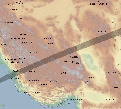 Map of the eclipse path across Iran on 06/20/1582