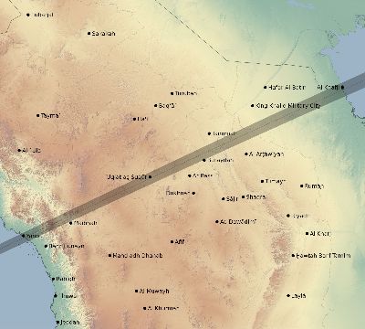 Map of the eclipse path across Saudi Arabia on 06/20/1582