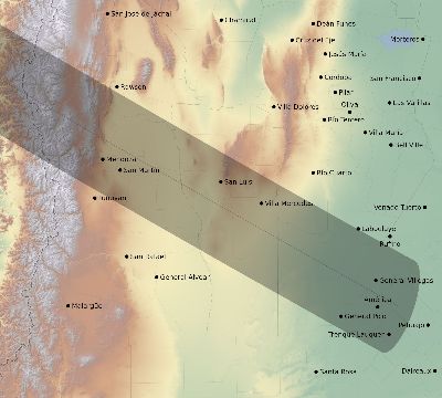 Map of the eclipse path across Argentina on 06/19/1583