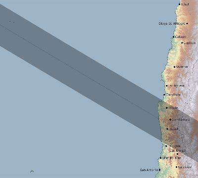 Map of the eclipse path across Chile on 06/19/1583