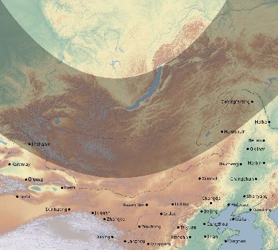 Map of the eclipse path across China on 12/14/1583