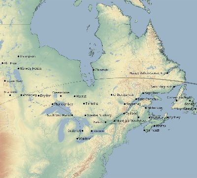 Map of the eclipse path across Canada on 04/29/1585