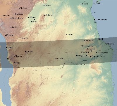 Map of the eclipse path across Tanzania on 10/12/1586
