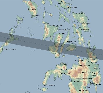 Map of the eclipse path across Philippines on 02/15/1589