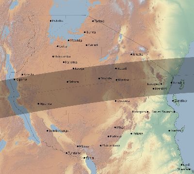 Map of the eclipse path across Tanzania on 08/11/1589