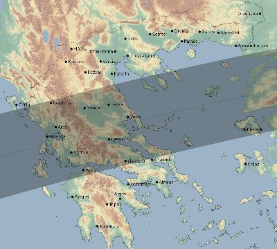 Map of the eclipse path across Greece on 07/31/1590