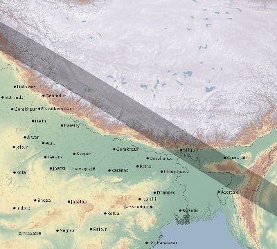 Map of the eclipse path across India on 07/31/1590