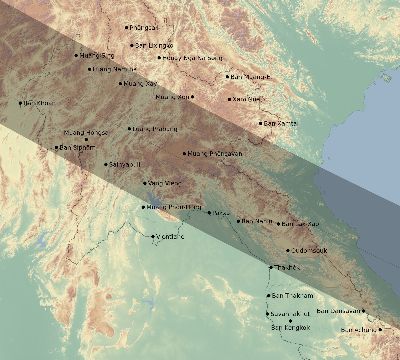 Map of the eclipse path across Laos on 07/31/1590