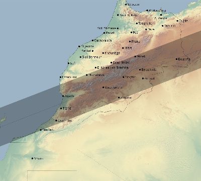 Map of the eclipse path across Morocco on 07/31/1590