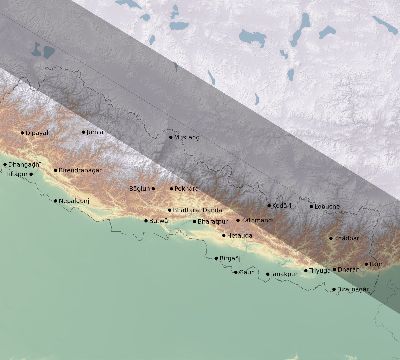 Map of the eclipse path across Nepal on 07/31/1590
