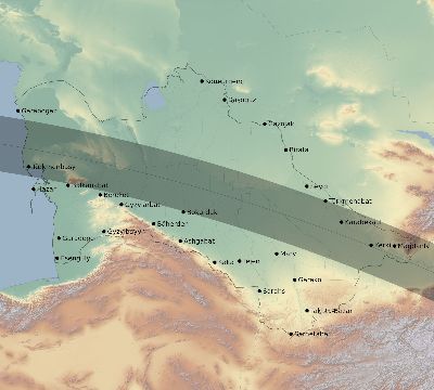 Map of the eclipse path across Turkmenistan on 07/31/1590