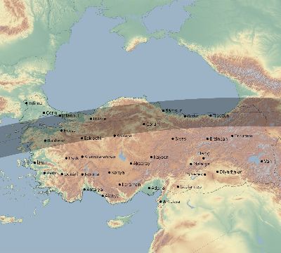 Map of the eclipse path across Turkey on 07/31/1590