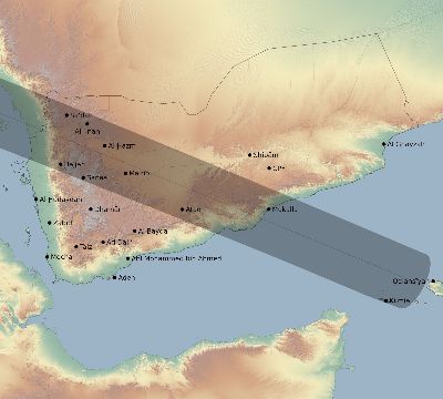 Map of the eclipse path across Yemen on 05/30/1593