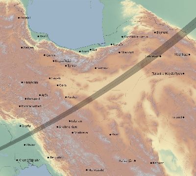 Map of the eclipse path across Iran on 05/20/1594