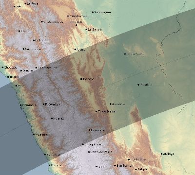 Map of the eclipse path across Peru on 03/28/1596