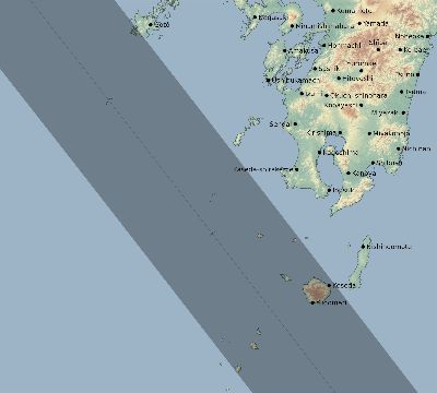 Map of the eclipse path across Japan on 09/22/1596