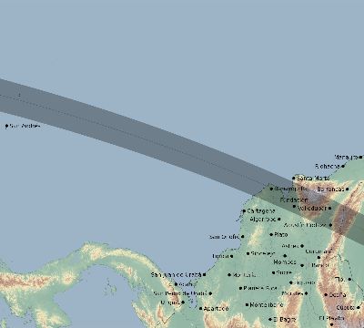 Map of the eclipse path across Colombia on 09/11/1597