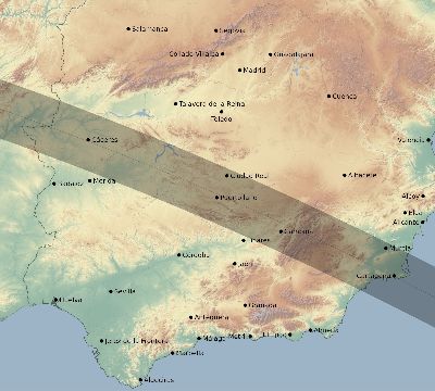 Map of the eclipse path across Spain on 07/10/1600