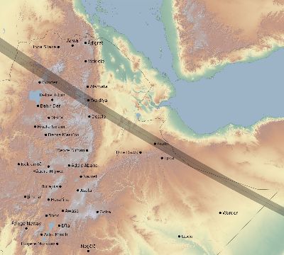 Map of the eclipse path across Ethiopia on 07/10/1600