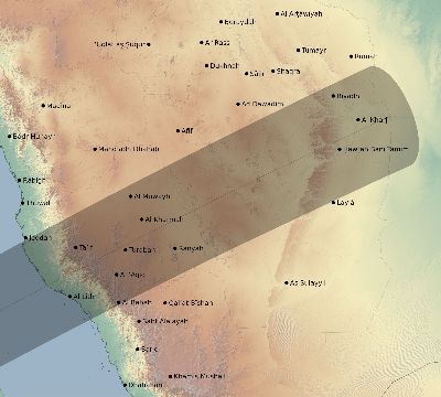 Map of the eclipse path across Saudi Arabia on 01/04/1601