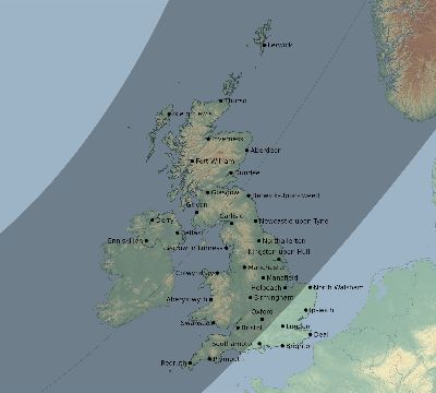 Map of the eclipse path across United Kingdom on 12/24/1601