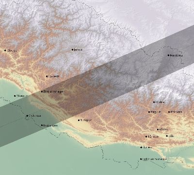Map of the eclipse path across Nepal on 05/11/1603