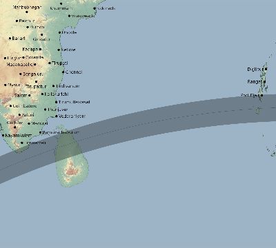 Map of the eclipse path across India on 04/29/1604