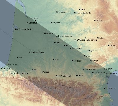 Map of the eclipse path across France on 10/12/1605