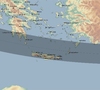 Map of the eclipse path across Greece on 10/12/1605