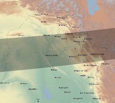 Map of the eclipse path across Iraq on 10/12/1605