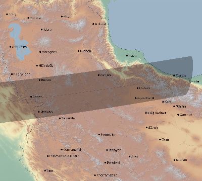Map of the eclipse path across Iran on 10/12/1605
