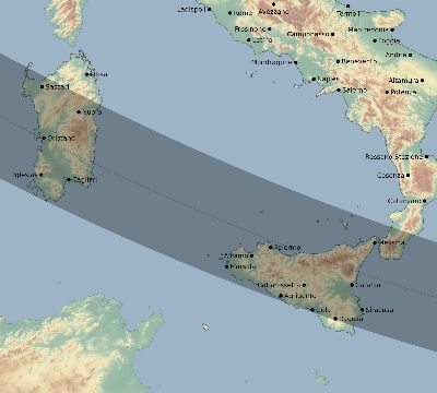 Map of the eclipse path across Italy on 10/12/1605