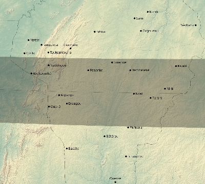 Map of the eclipse path across Benin on 02/26/1607