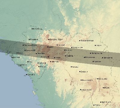 Map of the eclipse path across Guinea on 02/26/1607