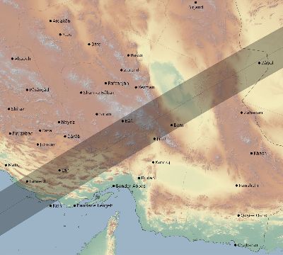 Map of the eclipse path across Iran on 02/26/1607