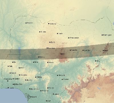 Map of the eclipse path across Nigeria on 02/26/1607