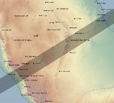 Map of the eclipse path across Saudi Arabia on 02/26/1607