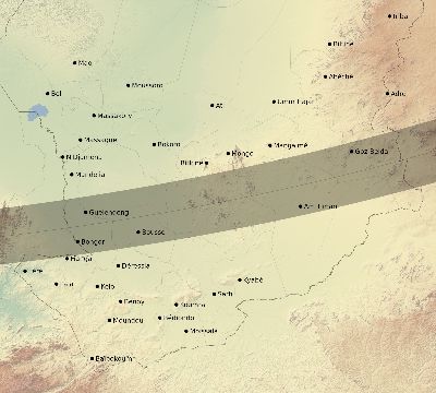 Map of the eclipse path across Chad on 02/26/1607