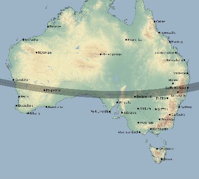 Map of the eclipse path across Australia on 02/16/1608