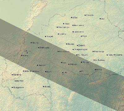 Map of the eclipse path across Burkina Faso on 08/10/1608