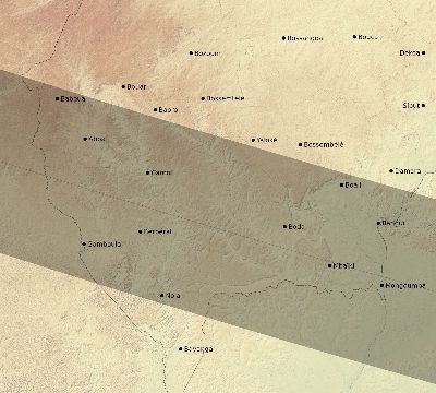 Map of the eclipse path across Central African Republic on 08/10/1608