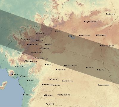 Map of the eclipse path across Cameroon on 08/10/1608