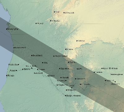Map of the eclipse path across Mauritania on 08/10/1608