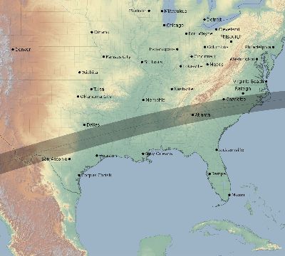 Map of the eclipse path across United States on 08/10/1608