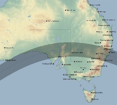 Map of the eclipse path across Australia on 06/21/1610