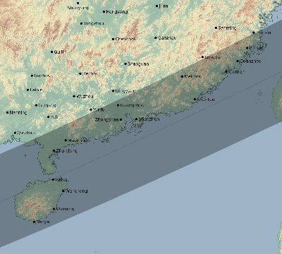 Map of the eclipse path across China on 12/15/1610