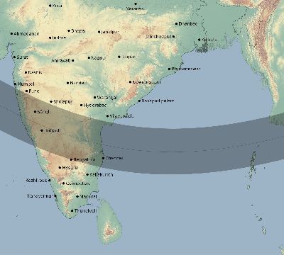 Map of the eclipse path across India on 12/15/1610