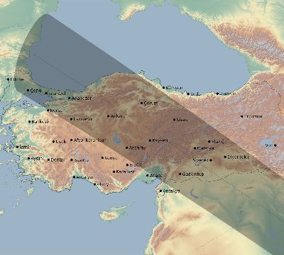 Map of the eclipse path across Turkey on 12/15/1610