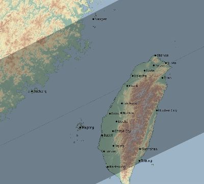 Map of the eclipse path across Taiwan on 12/15/1610