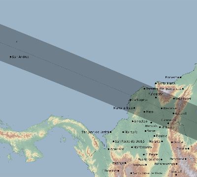 Map of the eclipse path across Colombia on 06/10/1611